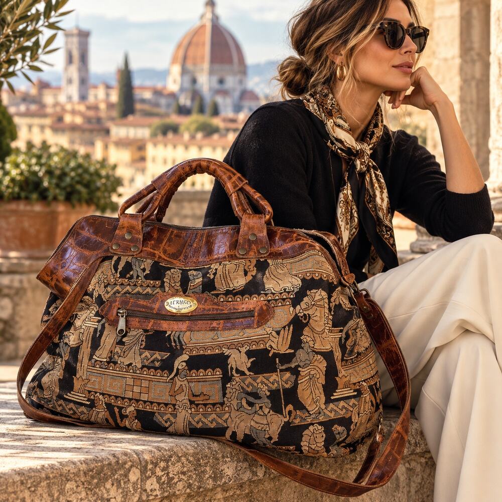 ETRUSCO Italy Tapestry Leather Weekender Bag Oversized Carpet Travel Bsg